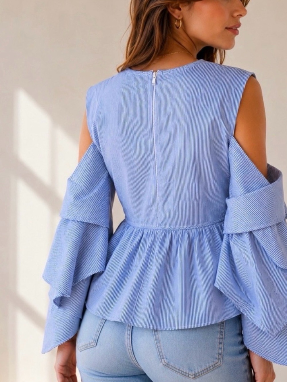 3.1 Phillip Lim Cold-Shoulder Pinstripe Peplum Top — Size 2